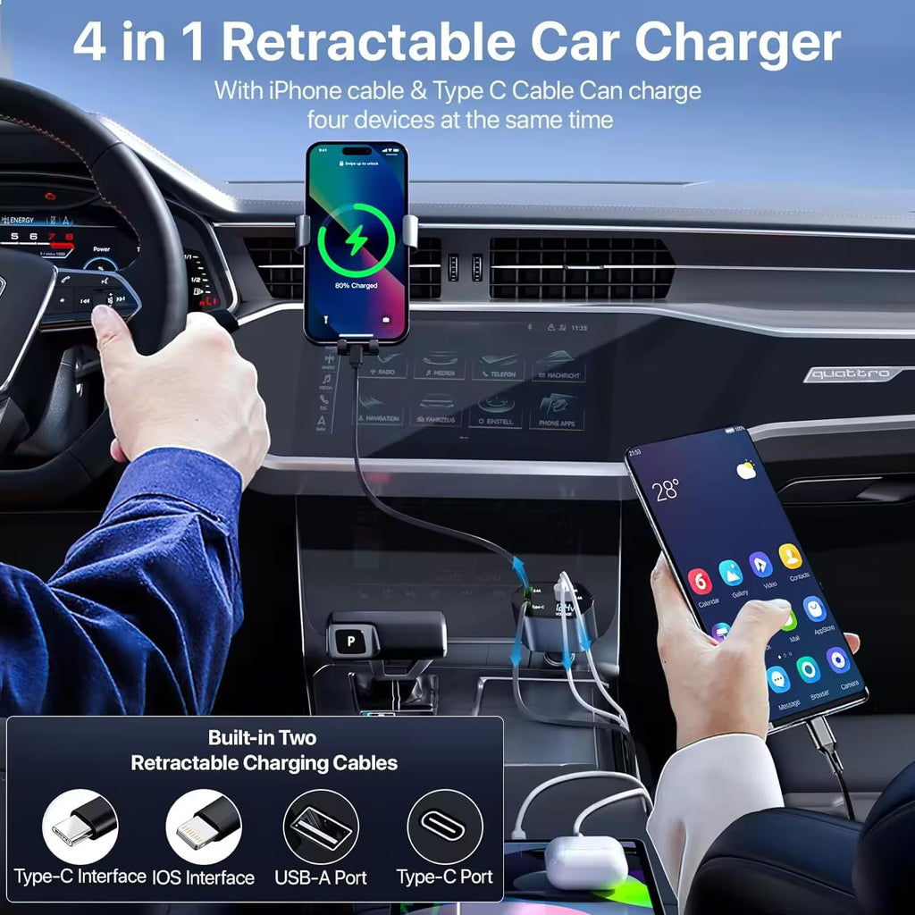 Enzaro 120W 4 IN 1 Retractable Super Fast Car Charger -