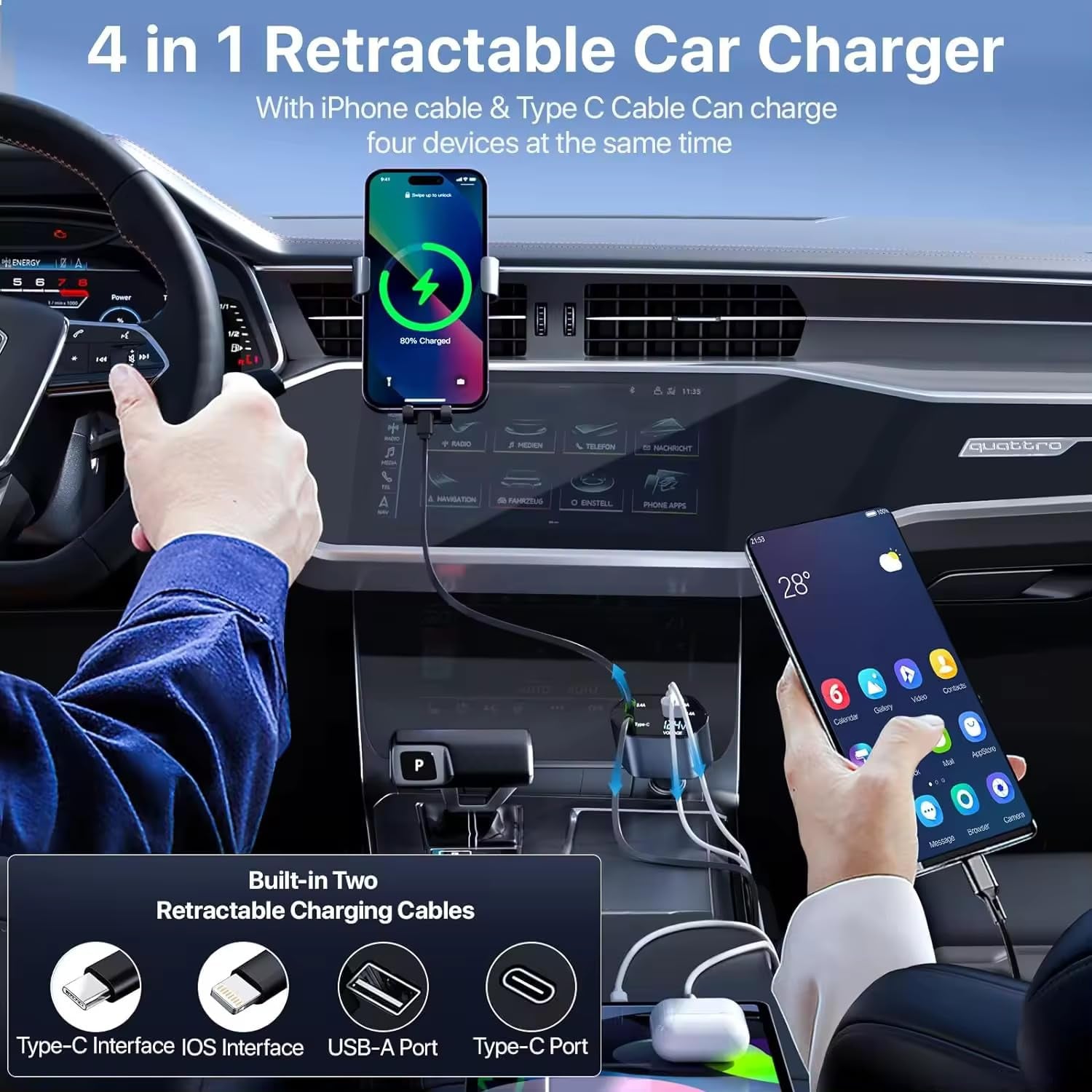 Enzaro 120W 4 IN 1 Retractable Super Fast Car Charger -