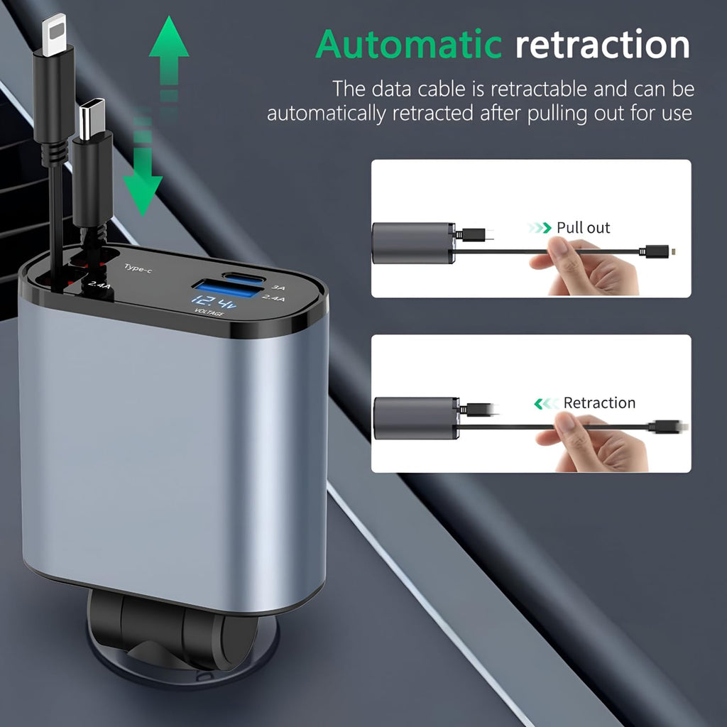 Enzaro 120W 4 IN 1 Retractable Super Fast Car Charger -