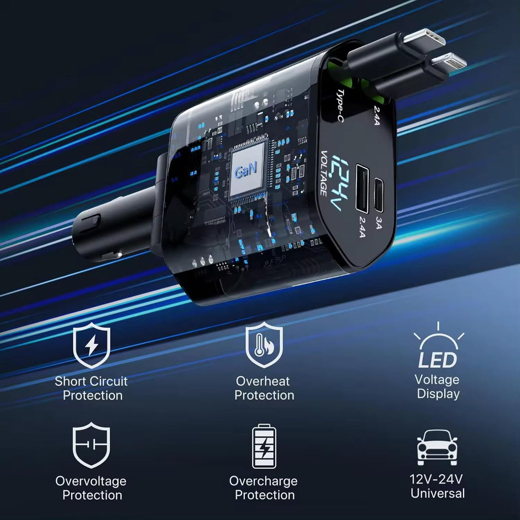 Enzaro 120W 4 IN 1 Retractable Super Fast Car Charger -